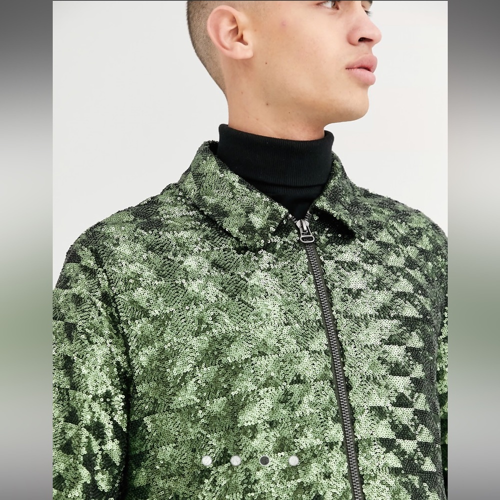 ASOS DESIGN Men’s Harrington Jacket in Green Sequin - Picture 6 of 6